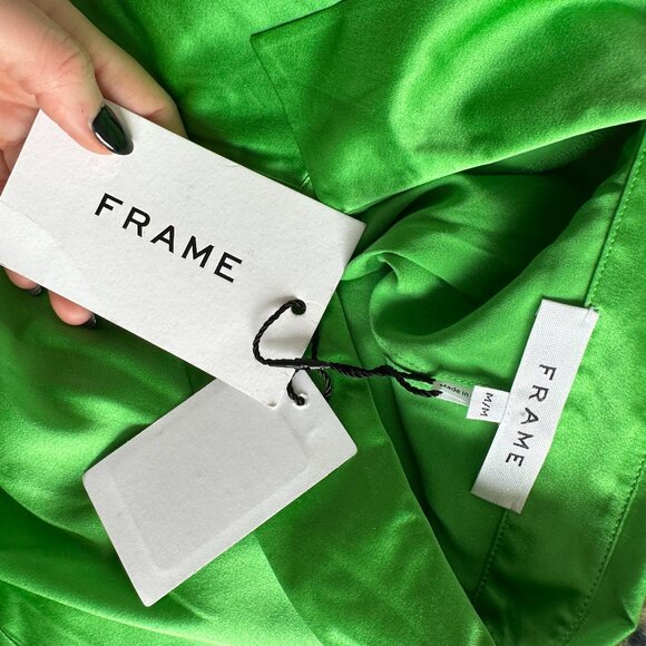 NWT Frame Silk Mini Dress in Bright Peridot Sz Medium Strong Padded Shoulder - Picture 3 of 10